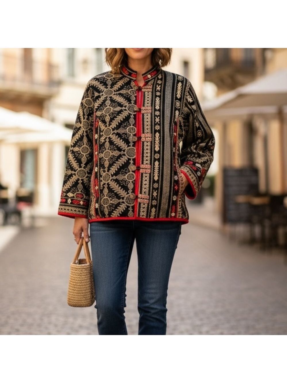 Chico’s Black Embroidered Jacket Red Gold Boho Festival Oriental Tapestry Sz M
